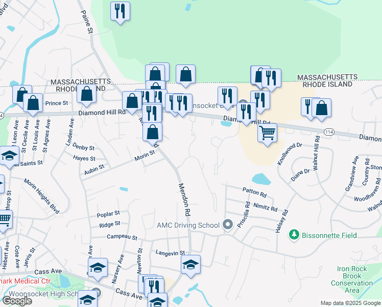 map of restaurants, bars, coffee shops, grocery stores, and more near 180 Village Road in Woonsocket