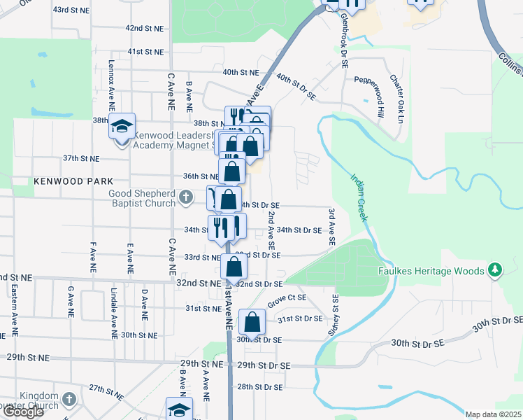map of restaurants, bars, coffee shops, grocery stores, and more near 151 35th Street Drive Southeast in Cedar Rapids