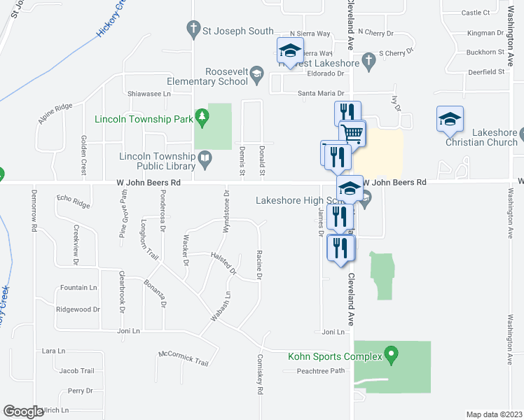 map of restaurants, bars, coffee shops, grocery stores, and more near 5791 Hayden Court in Stevensville