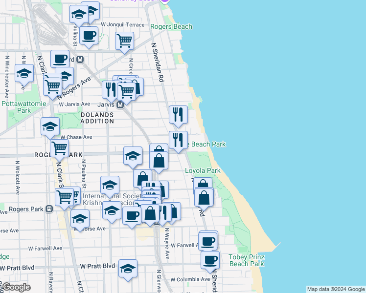 map of restaurants, bars, coffee shops, grocery stores, and more near 7225 North Sheridan Road in Chicago