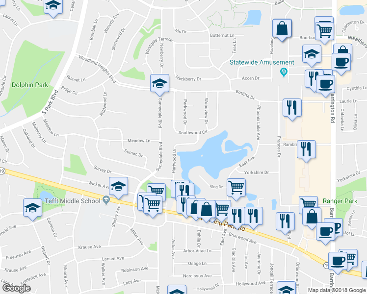 map of restaurants, bars, coffee shops, grocery stores, and more near 919 Hartwood Drive in Streamwood