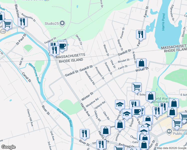 map of restaurants, bars, coffee shops, grocery stores, and more near 39 Rachel Street in Woonsocket