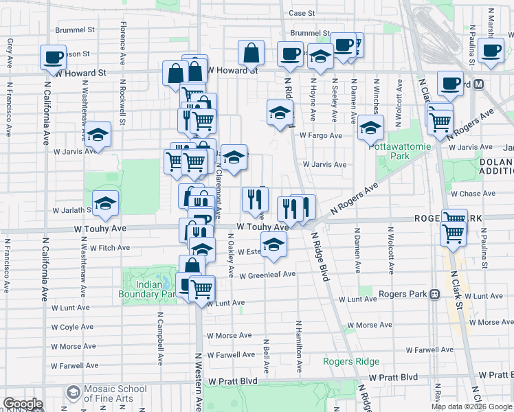 map of restaurants, bars, coffee shops, grocery stores, and more near 7235 North Oakley Avenue in Chicago