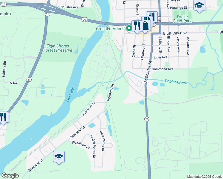 map of restaurants, bars, coffee shops, grocery stores, and more near Fox River Trail in South Elgin