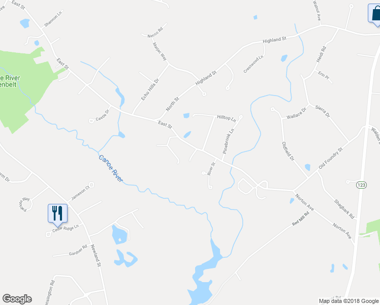 map of restaurants, bars, coffee shops, grocery stores, and more near 1403 East Street in Mansfield