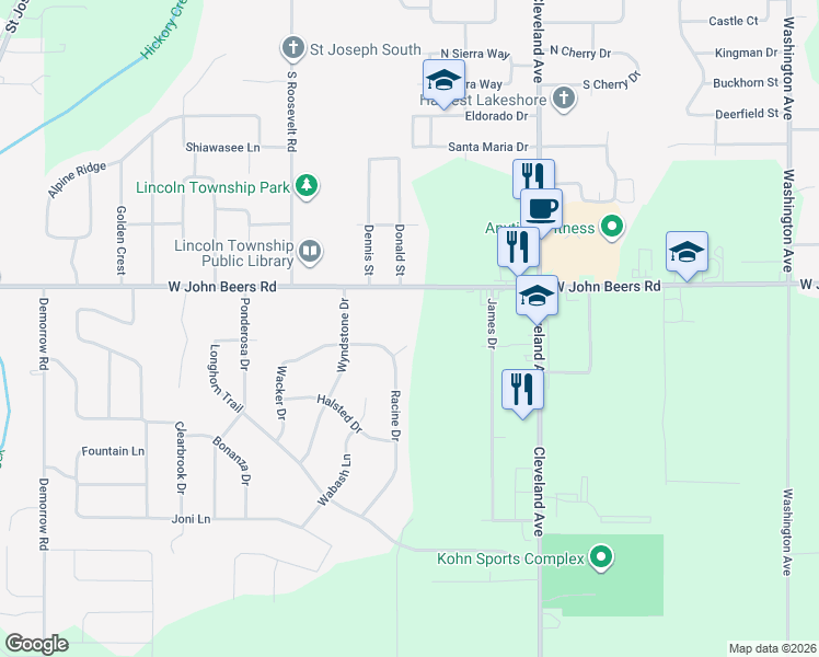 map of restaurants, bars, coffee shops, grocery stores, and more near 5791 Hayden Court in Stevensville
