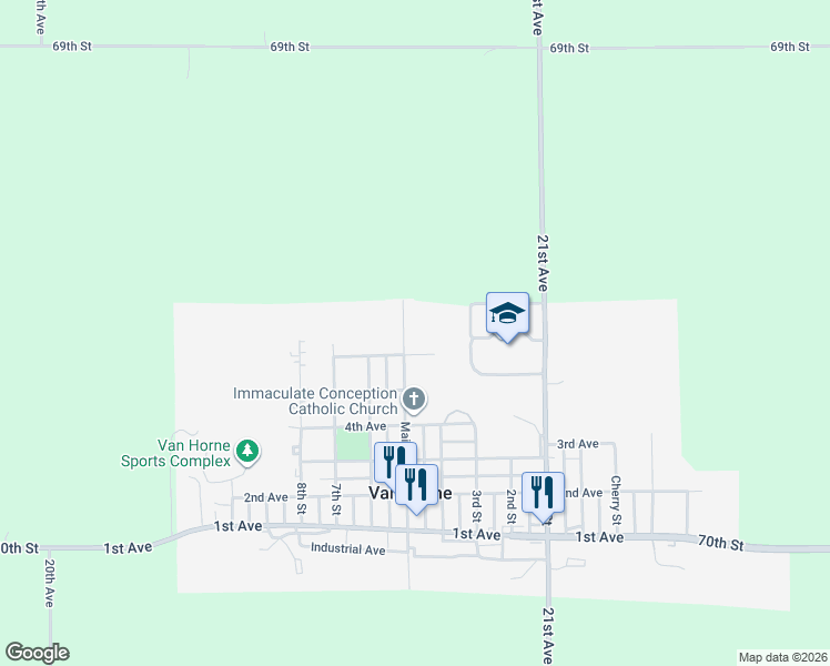 map of restaurants, bars, coffee shops, grocery stores, and more near 605 Main Street in Van Horne