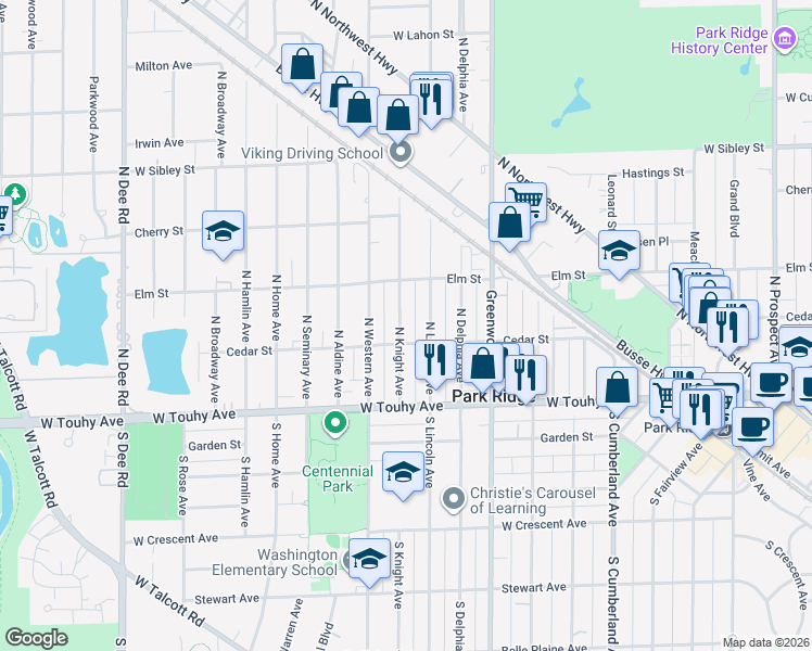 map of restaurants, bars, coffee shops, grocery stores, and more near 215 North Knight Avenue in Park Ridge