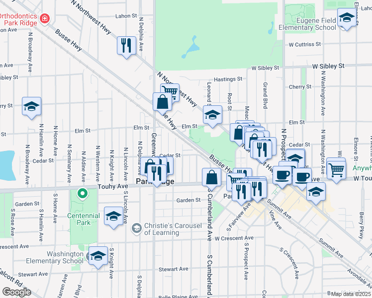 map of restaurants, bars, coffee shops, grocery stores, and more near 215 North Grace Avenue in Park Ridge