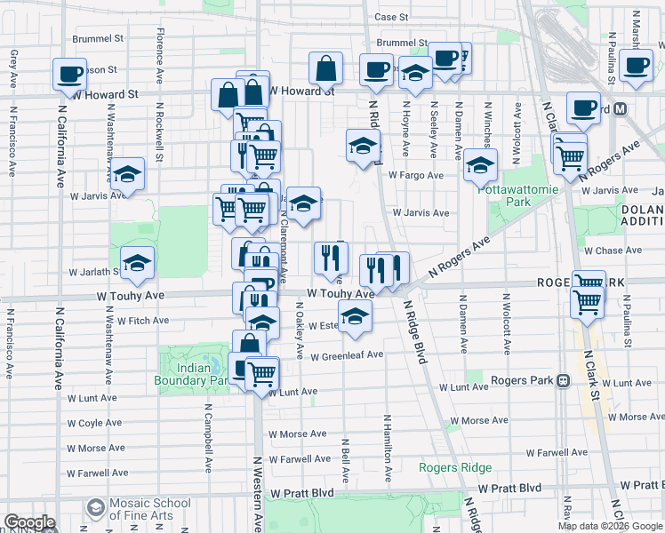 map of restaurants, bars, coffee shops, grocery stores, and more near 7235 North Oakley Avenue in Chicago