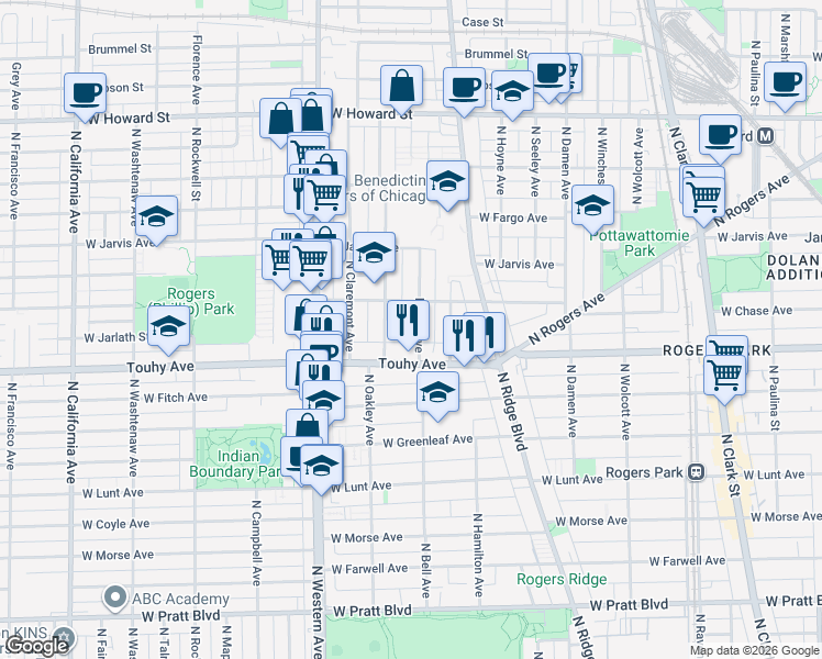 map of restaurants, bars, coffee shops, grocery stores, and more near 7228 North Bell Avenue in Chicago