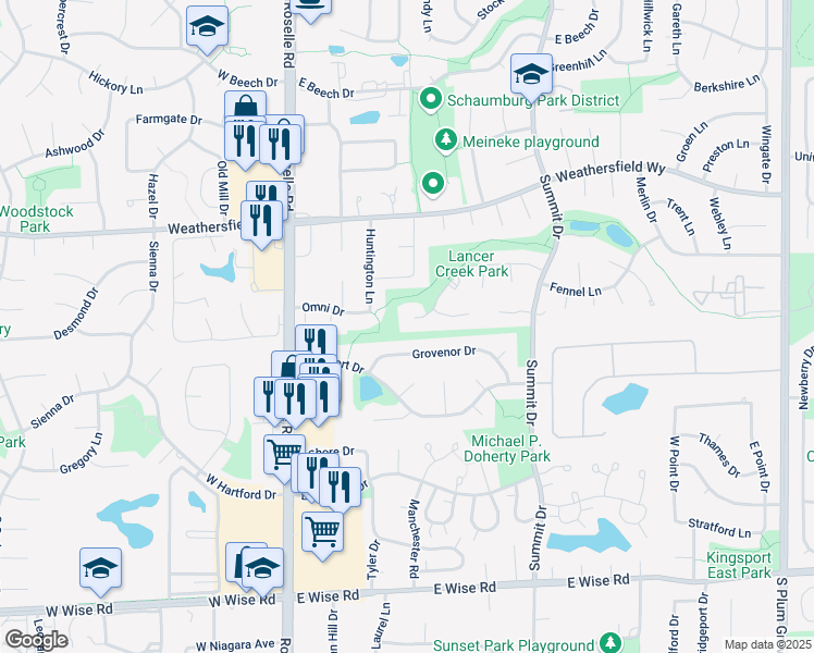map of restaurants, bars, coffee shops, grocery stores, and more near 136 Clearbrook Court in Schaumburg