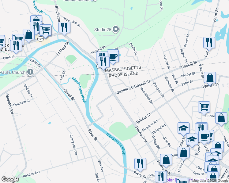 map of restaurants, bars, coffee shops, grocery stores, and more near 741 Harris Avenue in Woonsocket