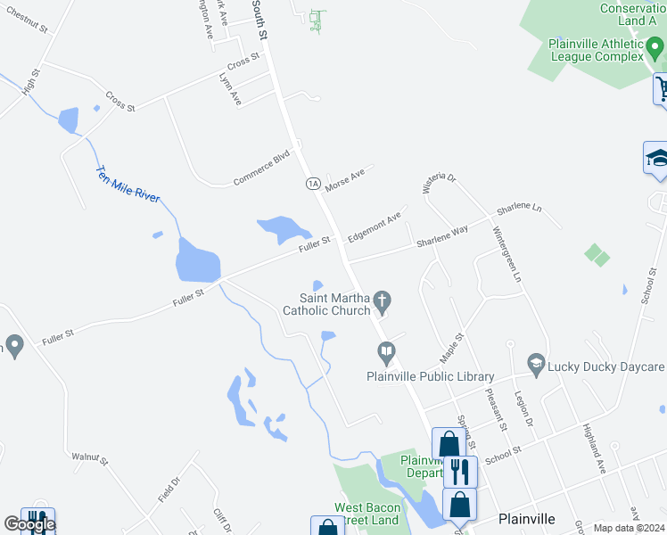 map of restaurants, bars, coffee shops, grocery stores, and more near 260 South Street in Plainville