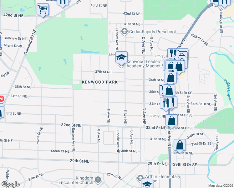 map of restaurants, bars, coffee shops, grocery stores, and more near 637 35th Street Northeast in Cedar Rapids