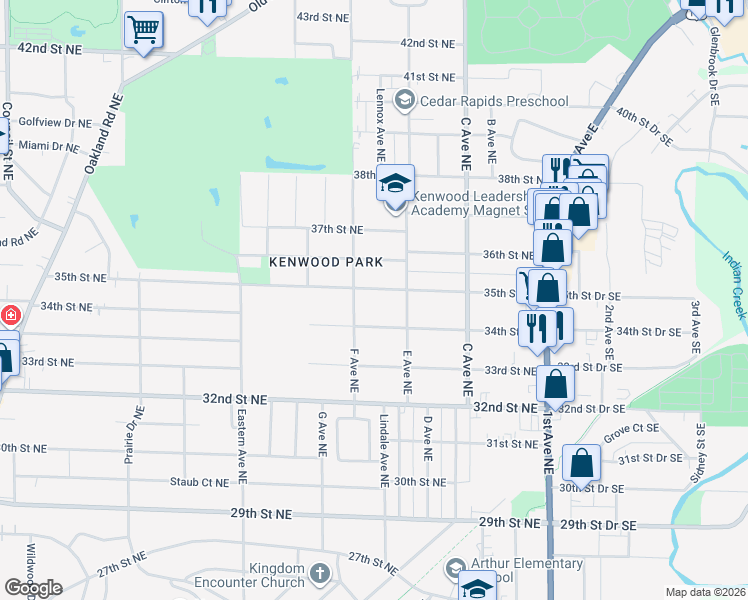 map of restaurants, bars, coffee shops, grocery stores, and more near 637 35th Street Northeast in Cedar Rapids