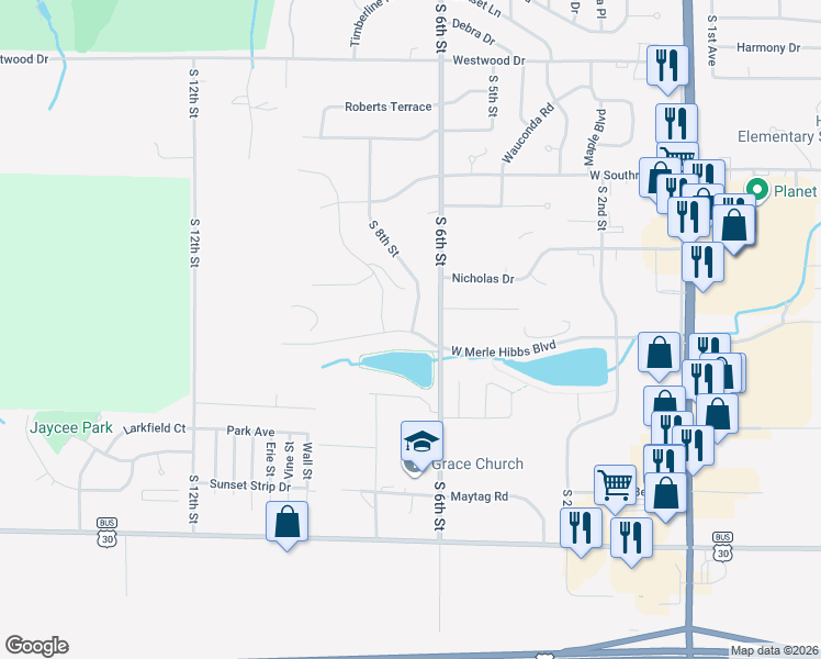 map of restaurants, bars, coffee shops, grocery stores, and more near W Merle Hibbs Blvd in Marshalltown