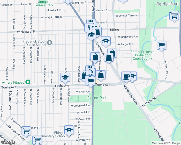 map of restaurants, bars, coffee shops, grocery stores, and more near 7258 North Harlem Avenue in Chicago