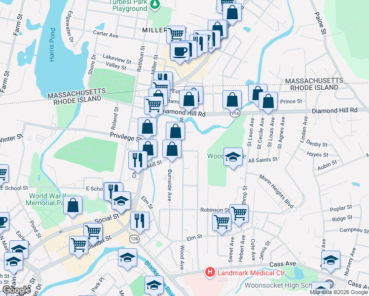map of restaurants, bars, coffee shops, grocery stores, and more near 585 Wood Avenue in Woonsocket