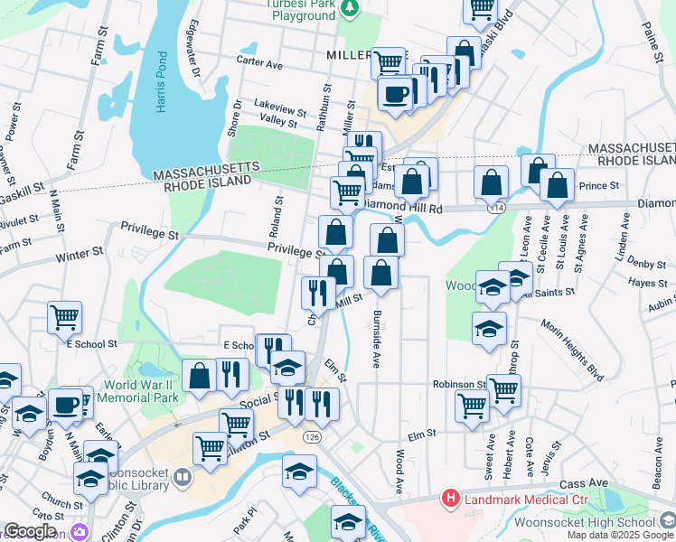map of restaurants, bars, coffee shops, grocery stores, and more near 937 Social Street in Woonsocket