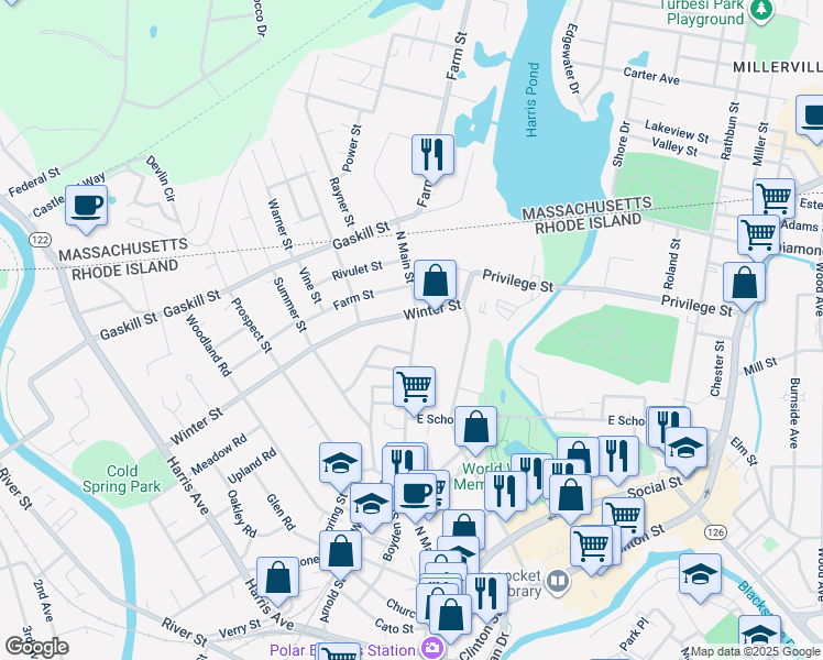 map of restaurants, bars, coffee shops, grocery stores, and more near 614 North Main Street in Woonsocket