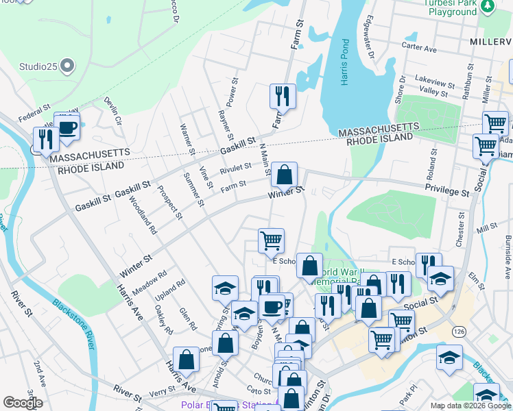 map of restaurants, bars, coffee shops, grocery stores, and more near 522 Winter Street in Woonsocket