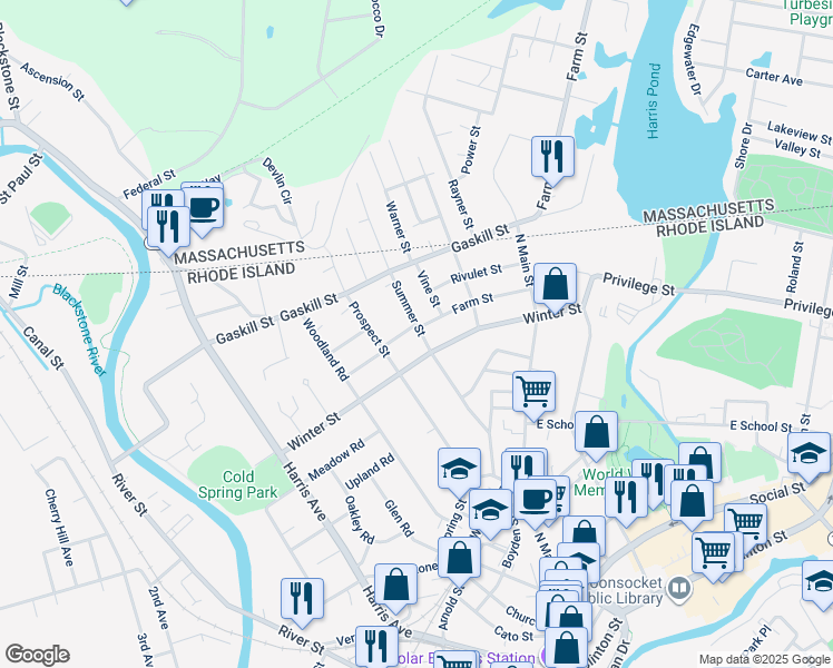 map of restaurants, bars, coffee shops, grocery stores, and more near 336 Summer Street in Woonsocket