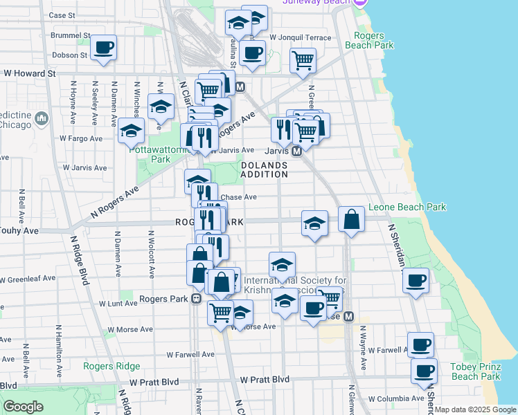 map of restaurants, bars, coffee shops, grocery stores, and more near 1643 West Chase Avenue in Chicago