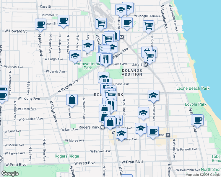 map of restaurants, bars, coffee shops, grocery stores, and more near 7220 North Clark Street in Chicago