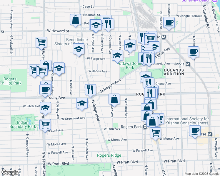 map of restaurants, bars, coffee shops, grocery stores, and more near 7262 North Rogers Avenue in Chicago