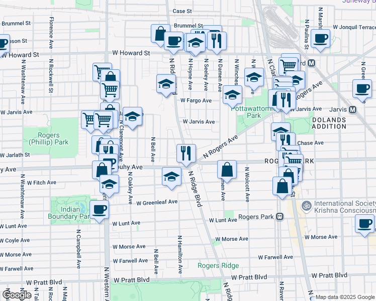 map of restaurants, bars, coffee shops, grocery stores, and more near 2057 West Chase Avenue in Chicago