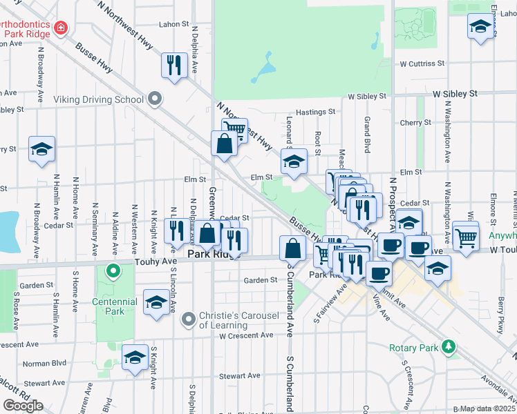map of restaurants, bars, coffee shops, grocery stores, and more near 216 North Grace Avenue in Park Ridge
