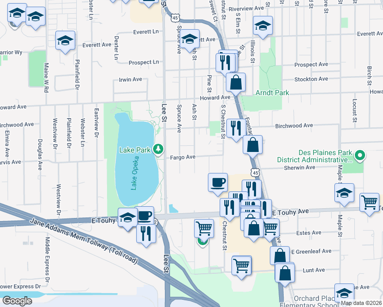 map of restaurants, bars, coffee shops, grocery stores, and more near 2175 Spruce Avenue in Des Plaines