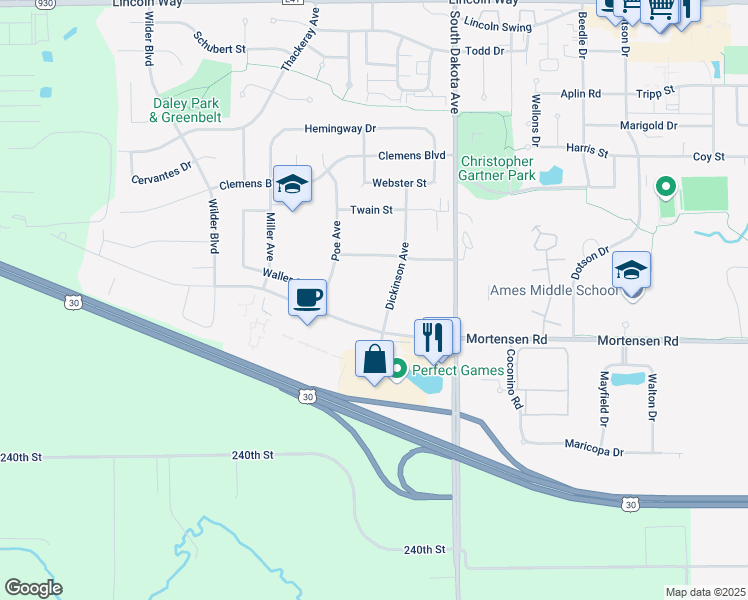 map of restaurants, bars, coffee shops, grocery stores, and more near 4710 Steinbeck Street in Ames
