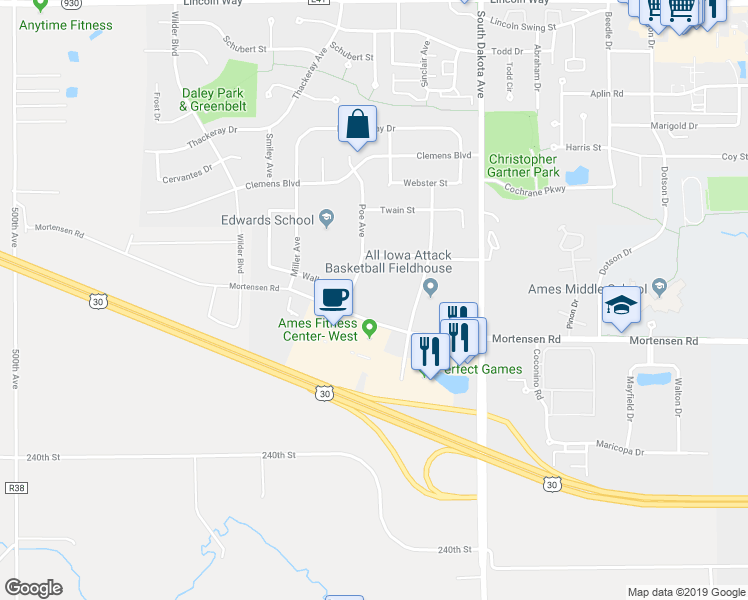 map of restaurants, bars, coffee shops, grocery stores, and more near 1014 Poe Avenue in Ames