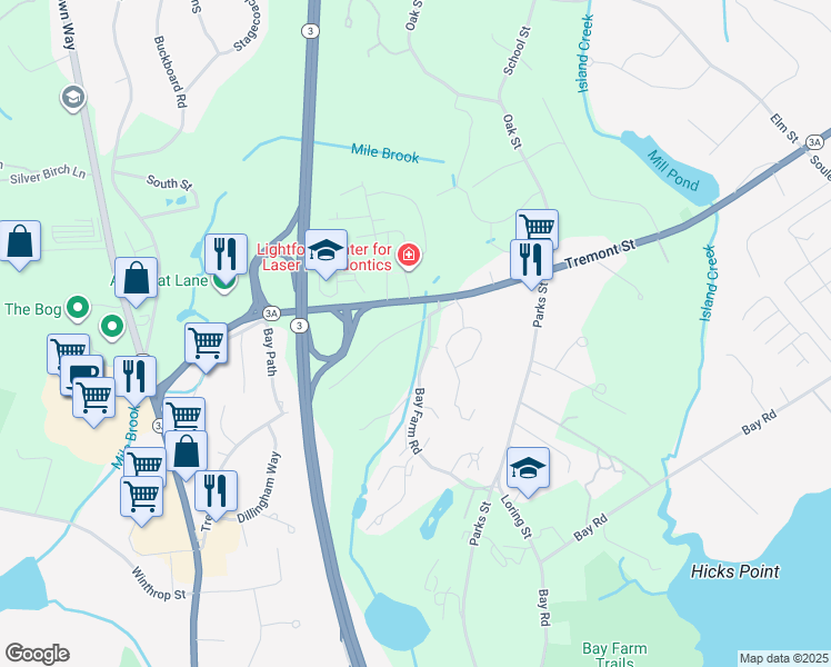 map of restaurants, bars, coffee shops, grocery stores, and more near 27 Woodridge Road in Duxbury