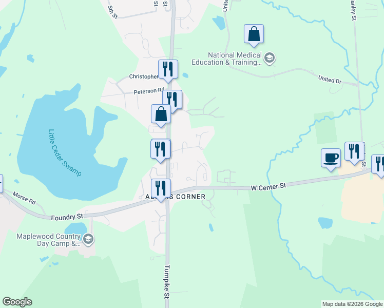 map of restaurants, bars, coffee shops, grocery stores, and more near 90 Village Street in Easton
