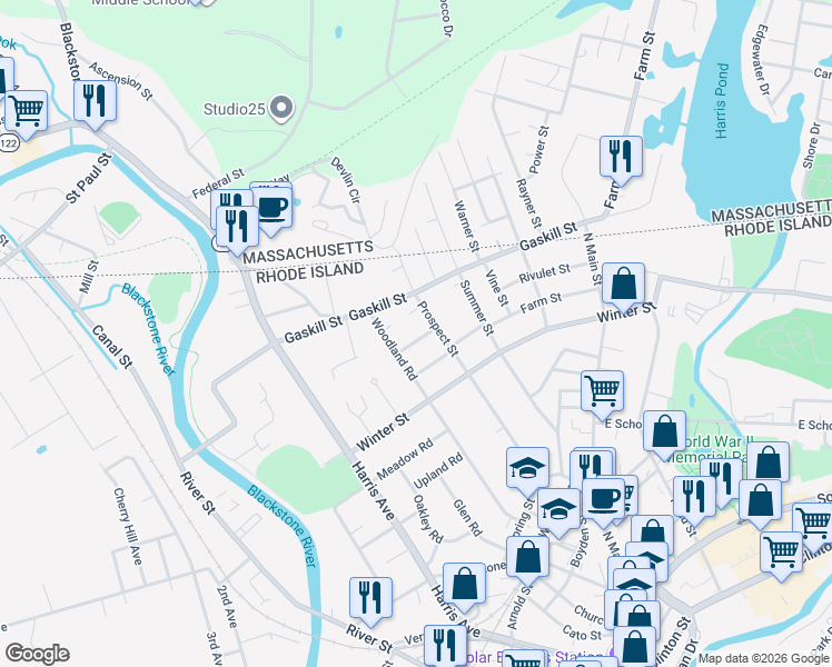 map of restaurants, bars, coffee shops, grocery stores, and more near 39 Rachel St in Woonsocket