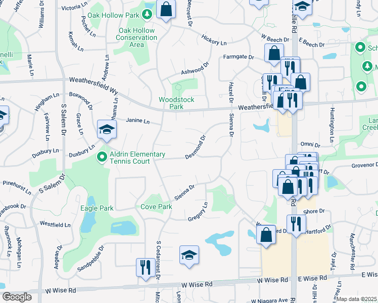 map of restaurants, bars, coffee shops, grocery stores, and more near 320 Desmond Drive in Schaumburg