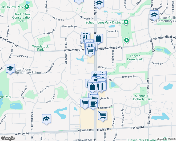 map of restaurants, bars, coffee shops, grocery stores, and more near 721 Tipperary Court in Schaumburg