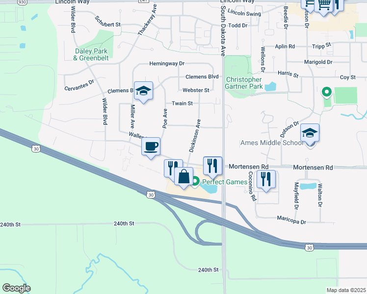 map of restaurants, bars, coffee shops, grocery stores, and more near 4710 Steinbeck Street in Ames