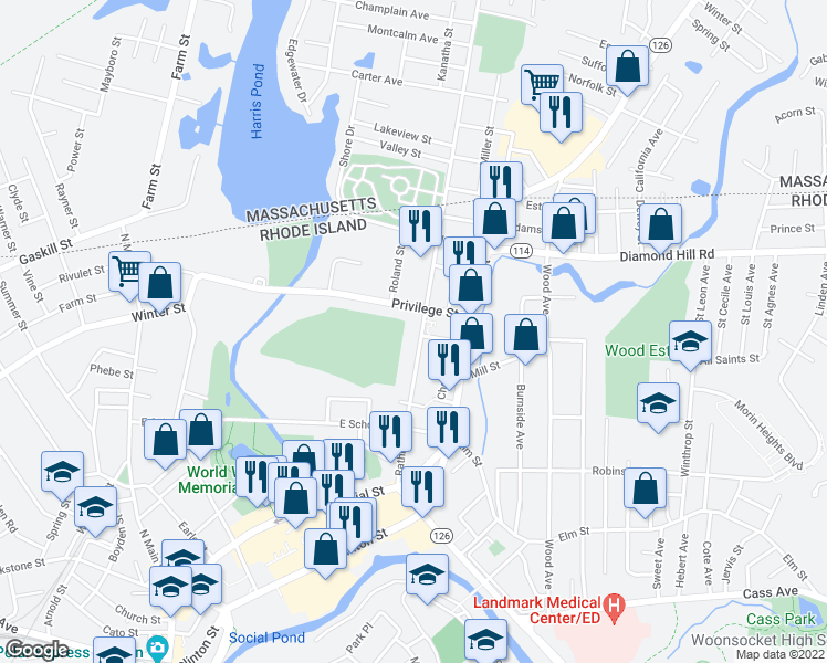 map of restaurants, bars, coffee shops, grocery stores, and more near 332 Rathbun Street in Woonsocket