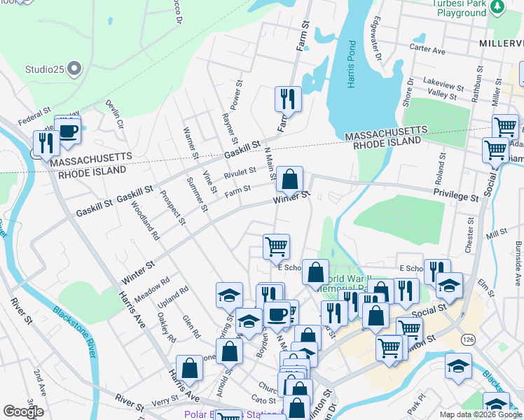 map of restaurants, bars, coffee shops, grocery stores, and more near 522 Winter Street in Woonsocket