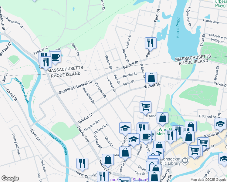 map of restaurants, bars, coffee shops, grocery stores, and more near 336 Summer Street in Woonsocket
