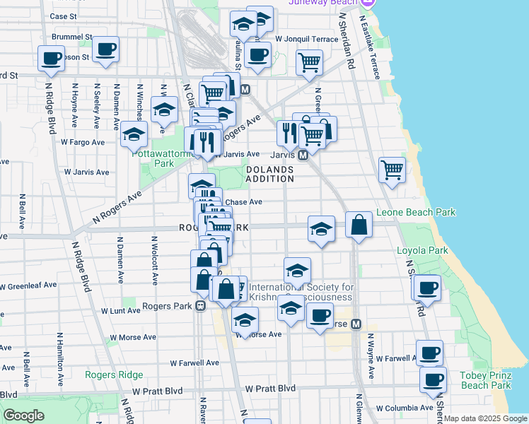 map of restaurants, bars, coffee shops, grocery stores, and more near 1643 West Chase Avenue in Chicago