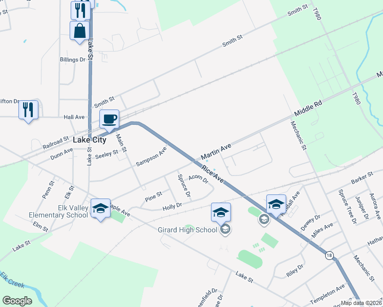map of restaurants, bars, coffee shops, grocery stores, and more near 2547 Rice Avenue in Lake City