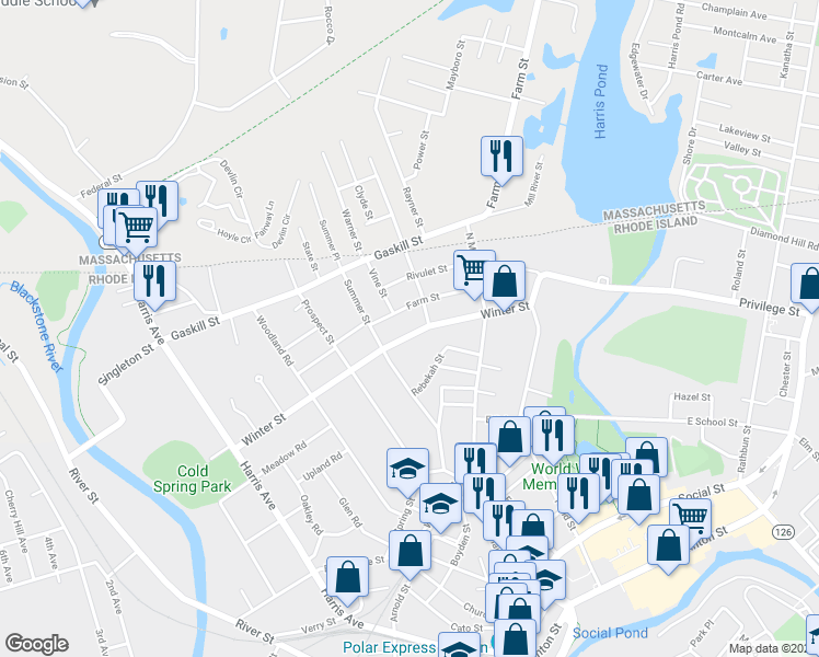 map of restaurants, bars, coffee shops, grocery stores, and more near 447 Winter Street in Woonsocket