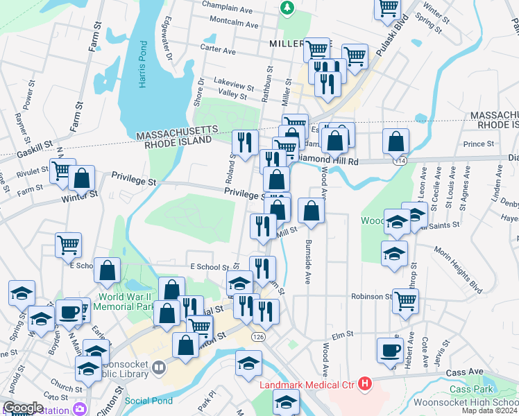 map of restaurants, bars, coffee shops, grocery stores, and more near 35 George Street in Woonsocket