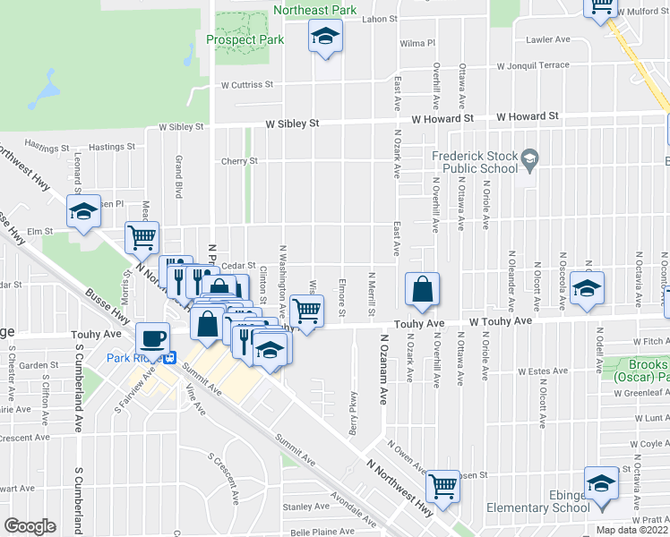 map of restaurants, bars, coffee shops, grocery stores, and more near 136 Elmore Street in Park Ridge