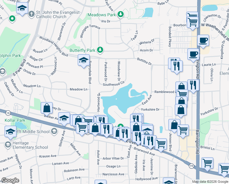 map of restaurants, bars, coffee shops, grocery stores, and more near 907 Hartwood Drive in Streamwood